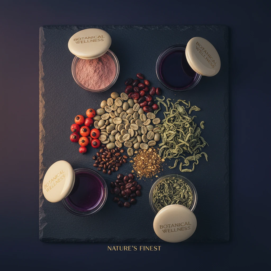 Flat lay of green coffee beans, green tea leaves, guarana berries and chromium-rich seeds on a dark slate surface