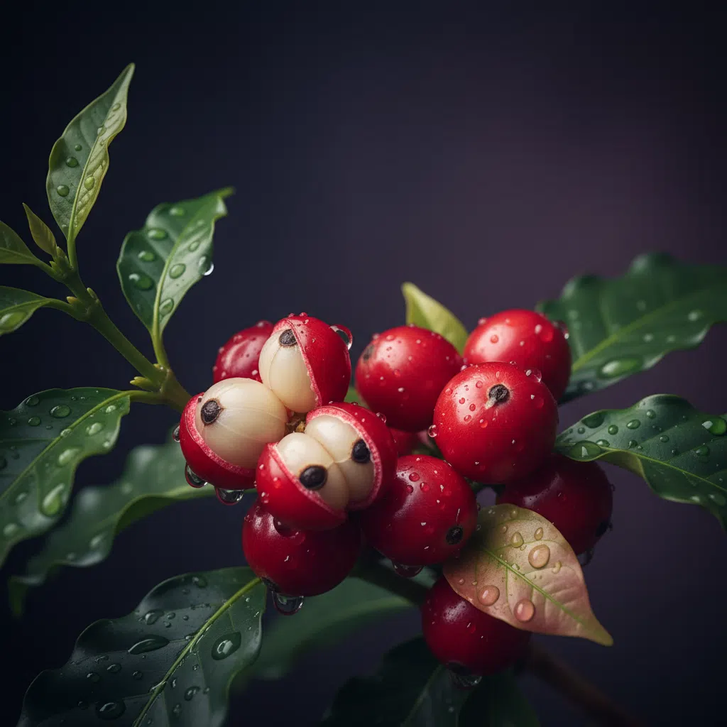 Close-up of fresh guarana berries and green coffee plant branches, macro botanical photography