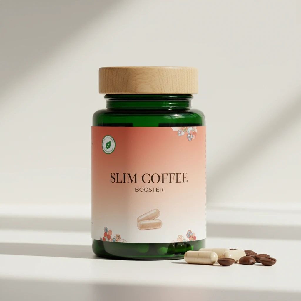 Slim Coffee Booster supplement box - dark navy packaging with purple-rose moon motif and gold lettering